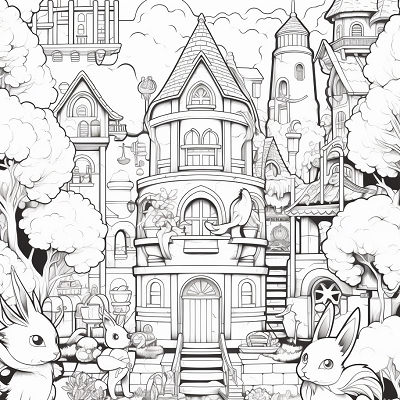 Image For Post | Detailed environment featuring various Eevee evolutions; natural elements and Pokemon. printable coloring page, black and white, free download - [Eevee Evolutions Coloring Sheet Pokemon Pages, Adult & Kids Fun](https://hero.page/coloring/eevee-evolutions-coloring-sheet-pokemon-pages-adult-and-kids-fun)