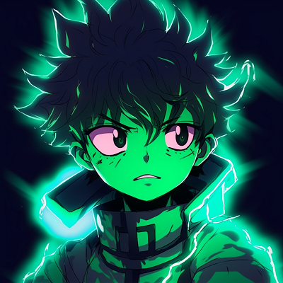 Image For Post | Dynamic, action like pose of Deku from My Hero Academia, highlighted with green energetic lines. mesmerizing glowing anime pfp for boys - [Glowing Anime PFP Central](https://hero.page/pfp/glowing-anime-pfp-central)