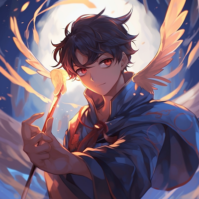 Image For Post | A magical anime male character flying with a staff in his hand, detailed outline and vibrant colors. mystical male anime pfp - [Male Anime PFP Hub](https://hero.page/pfp/male-anime-pfp-hub)
