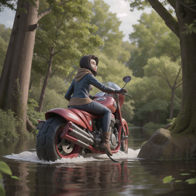 Image For Post Anime, villain, flood, failure, enchanted forest, motorcycle, HD, 4K, AI Generated Art