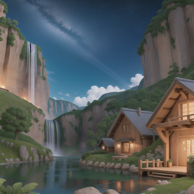 Image For Post Anime, stars, virtual reality, mountains, village, waterfall, HD, 4K, AI Generated Art