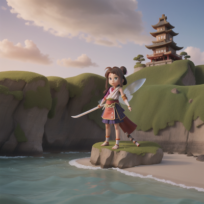 Image For Post Anime, samurai, beach, fairy, sword, tower, HD, 4K, AI Generated Art