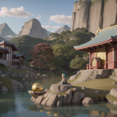 Image For Post Anime, mountains, mermaid, drought, temple, golden egg, HD, 4K, AI Generated Art