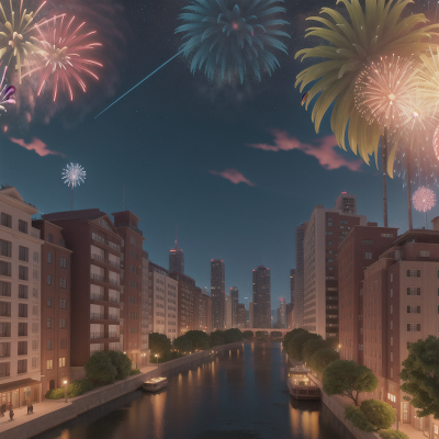 Image For Post Anime, river, stars, waterfall, city, fireworks, HD, 4K, AI Generated Art