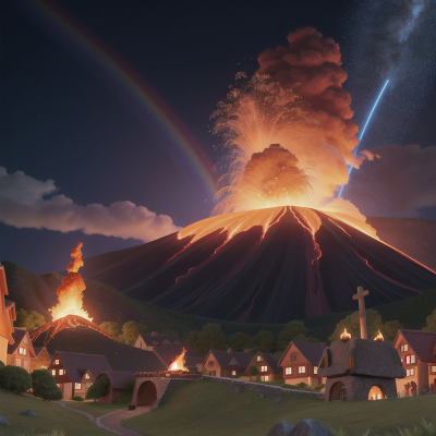 Image For Post Anime, volcano, knights, fire, rainbow, village, HD, 4K, AI Generated Art