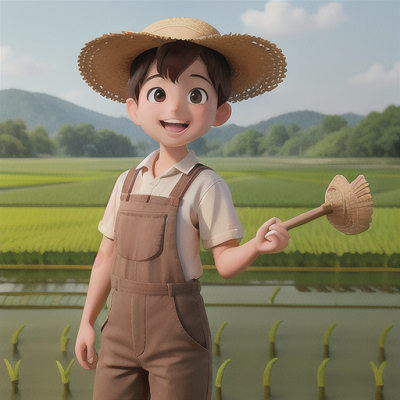 Image For Post Anime Art, Enthusiastic farmer boy, short brown hair and rosy cheeks, in a vibrant countryside