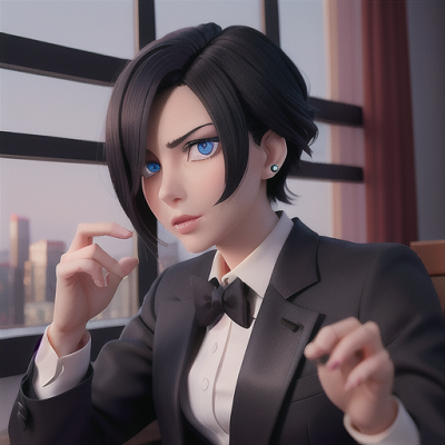 Image For Post Anime Art, Elegant anime businessman, slick black hair and piercing blue eyes, in a luxurious high-rise boardroom