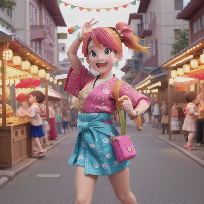 Image For Post Anime Art, Jovial festival-goer, vibrant multicolored hair in a side ponytail, in a lively street festival