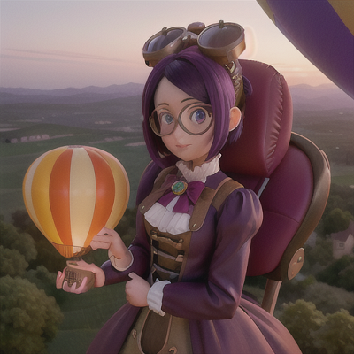 Image For Post | Anime, manga, Balloon navigator, dark purple hair with side bangs, floating high above an anime-themed countryside, adjusting the controls of a steampunk-style hot air balloon, breathtaking panorama below, elegant Victorian dress with goggles, dreamy and romantic visual style, a sense of freedom and exploration - [AI Art, Anime Geography Field Trip ](https://hero.page/examples/anime-geography-field-trip-stable-diffusion-prompt-library)