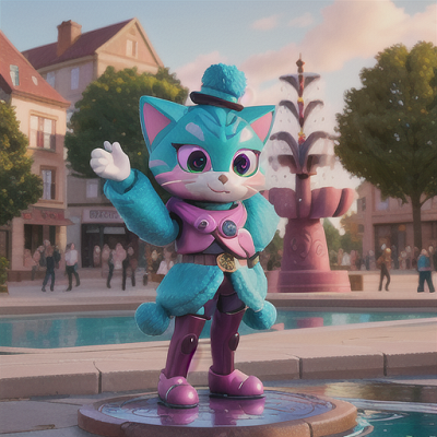 Image For Post Anime Art, Robotic cat mascot, metallic teal fur and magenta accents, in a lively town square