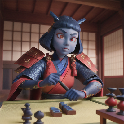 Image For Post | Anime, manga, Ancient dragon warrior, dark blue scales and fiery red eyes, inside a traditional Japanese house, engaged in a suspenseful game of shogi, a human opponent in a silk kimono focused on the game, ceremonial armor and weapons displayed, vivid color palette with high contrast, an aura of strategy and honor - [AI Art, Anime Inside House ](https://hero.page/examples/anime-inside-house-stable-diffusion-prompt-library)
