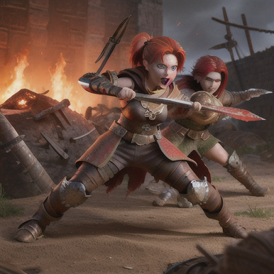 Image For Post Anime Art, Battle-hardened warrior, fiery red hair and battle scars, on a war-torn battlefield