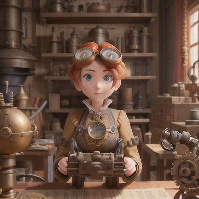Image For Post Anime Art, Inquisitive steampunk engineer, amber hair styled in gears, in a cluttered workshop