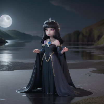 Image For Post Anime Art, Lunar sorceress, silky black hair and pale moonlit skin, during a serene night under a full moon