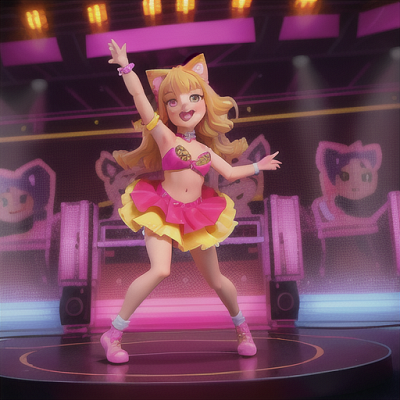 Image For Post Anime Art, Upbeat cat-girl idol, radiant blonde hair and cat ears, on a neon-lit stage