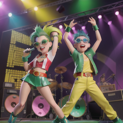 Image For Post Anime Art, Two aspiring musicians, electric green hair and flashy sunglasses, on stage during an epic rock concert