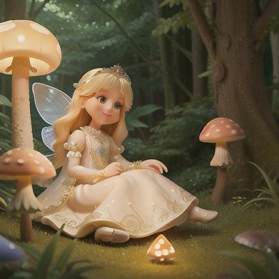 Image For Post Anime Art, Dreaming princess, buttery blonde hair cascading down, nestled within a forest of oversized luminous mushroo