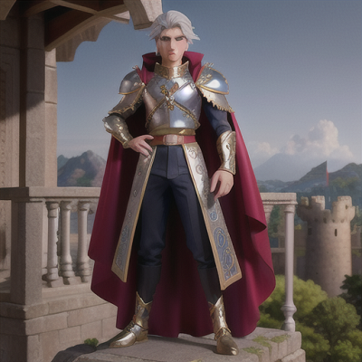 Image For Post Anime Art, Warrior-prince with silver hair and royal eyes, embellished armor and elegant cape, standing on a castle bal