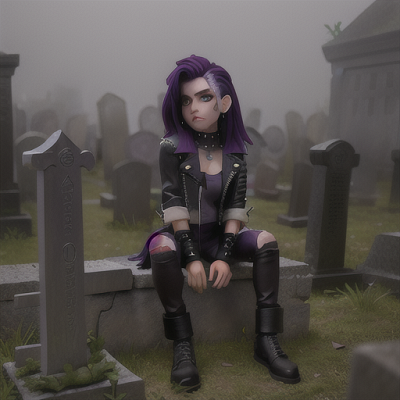 Image For Post Anime Art, Conflicted rival, edgy purple hair streaked with white, in a foggy ruined landscape