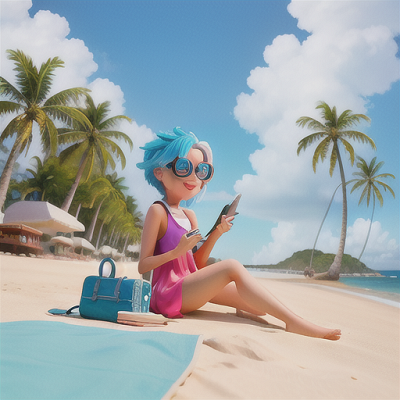 Image For Post Anime Art, Parallel universe traveler, sky-blue hair and goggles, sitting on a beach with two different colored skies