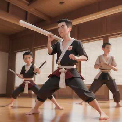 Image For Post Anime Art, Father and son, father with dark brown spikey hair and son with similar hair, in a kendo dojo