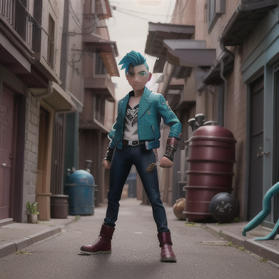 Image For Post | Anime, manga, Reluctant superhero, spiky teal hair, in an alleyway during a standoff, brandishing newfound powers, a rival gang lurking in the shadows, customized leather jacket with superhero insignia, sharp and gritty anime art style, a feeling of danger and the weight of responsibility - [AI Art, Anime Leather Jacket Theme ](https://hero.page/examples/anime-leather-jacket-theme-stable-diffusion-prompt-library)