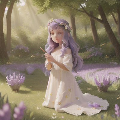 Image For Post Anime Art, Serene animal-whisperer, flowing lavender hair adorned with flowers, in a peaceful sunlit meadow