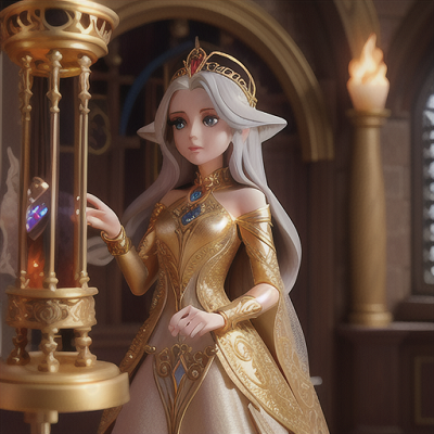 Image For Post Anime Art, Time-controlling sorceress, flowing silver hair with golden accents, inside an ancient clocktower