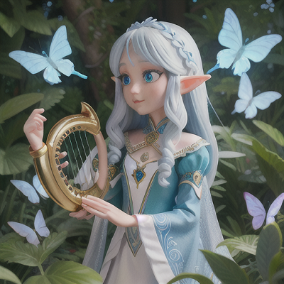 Image For Post | Anime, manga, Elegant elf girl, dimensional azure eyes and flowing silver hair, in a mystical forest, playing a magical harp, surrounded by vibrant butterflies, adorned in royal white and blue garments, intricate and detailed artwork, a captivating and enchanted atmosphere - [AI Art, Anime Dimensional Elf Ears ](https://hero.page/examples/anime-dimensional-elf-ears-stable-diffusion-prompt-library)