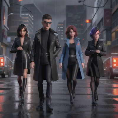 Image For Post Anime Art, Undercover detective squad, sleek and polished hairstyles with striking color streaks, in a moody rain-soake