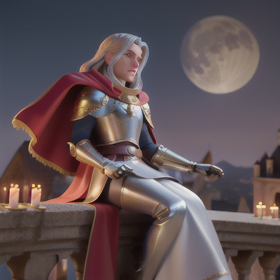Image For Post Anime Art, Dashing knight, long silver hair and armored gauntlets, atop a castle balcony at moonrise