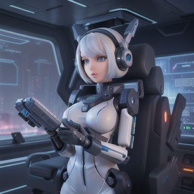 Image For Post Anime Art, Innovative mech pilot, platinum hair adorned with electronic headgear, in an advanced command center