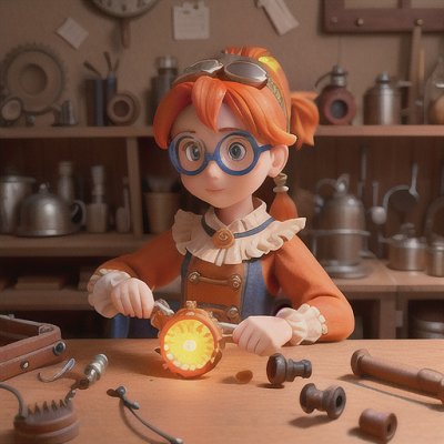 Image For Post Anime Art, Inquisitive inventor girl, bright orange hair in a ponytail, in a cluttered workshop