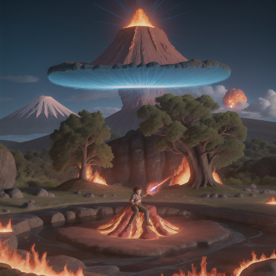 Image For Post Anime, magic portal, sasquatch, volcanic eruption, energy shield, harp, HD, 4K, AI Generated Art