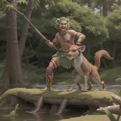 Image For Post Anime, tribal warriors, swamp, chimera, kangaroo, fish, HD, 4K, AI Generated Art