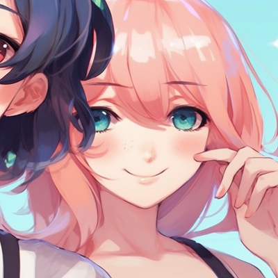 Image For Post | Close-up of two characters, delicate blush and smiling eyes. cute friends matching pfp pfp for discord. - [friends matching pfp, aesthetic matching pfp ideas](https://hero.page/pfp/friends-matching-pfp-aesthetic-matching-pfp-ideas)