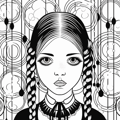 Image For Post | Wednesday Addams holding a magical object in her hand; wavy lines and complex shapes. printable coloring page, black and white, free download - [Wednesday Addams Coloring Book Pages ](https://hero.page/coloring/wednesday-addams-coloring-book-pages-fun-coloring-for-all-ages)