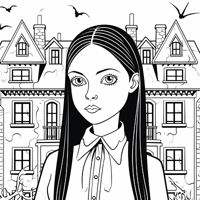 Image For Post | Image of Wednesday Addams holding a candelabra; dynamic lines and movement. printable coloring page, black and white, free download - [Wednesday Addams Coloring Book Pages ](https://hero.page/coloring/wednesday-addams-coloring-book-pages-fun-coloring-for-all-ages)