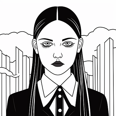 Image For Post | Contemporary Wednesday Addams drawn with a dashed, segmented style. printable coloring page, black and white, free download - [Wednesday Addams Coloring Pictures Pages ](https://hero.page/coloring/wednesday-addams-coloring-pictures-pages-fun-and-creative)