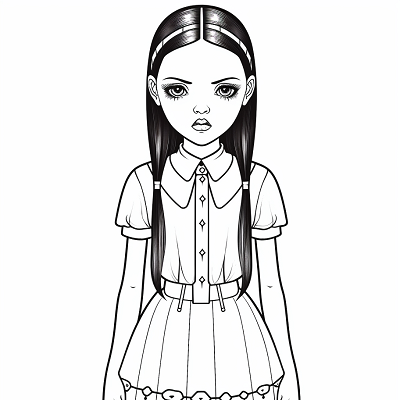 Image For Post | Artificial take on the character of Wednesday Addams; gives focus to defining character features with clean lines and curves. printable coloring page, black and white, free download - [Wednesday Addams Printable Coloring Pages, Adult Coloring Crafts, Kid Fun Pages](https://hero.page/coloring/wednesday-addams-printable-coloring-pages-adult-coloring-crafts-kid-fun-pages)