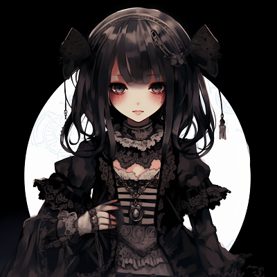 Image For Post | Anime girl depicted in a detailed Gothic dress, high contrast with deep blacks and bright white accents. anime girl goth pfp - [Goth Anime PFP Gallery](https://hero.page/pfp/goth-anime-pfp-gallery)