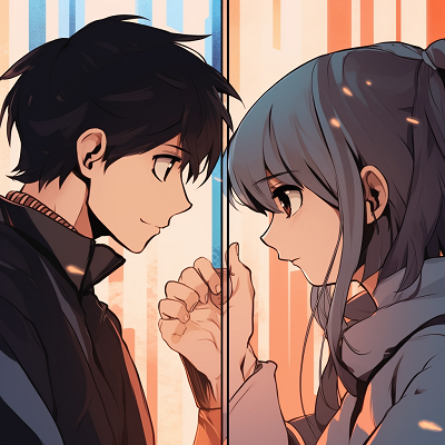 Image For Post | Two anime characters romantically gazing at each other in separate square frames, sharp lines and cool colors. apart yet together: unique matching anime pfp for long-distance couples - [Boosted Selection of Matching Anime PFP for Couples](https://hero.page/pfp/boosted-selection-of-matching-anime-pfp-for-couples)