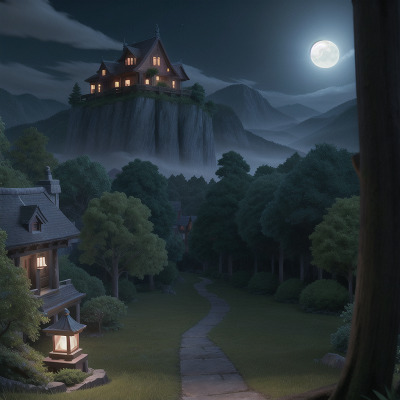 Image For Post Anime, cursed amulet, moonlight, forest, mountains, haunted mansion, HD, 4K, AI Generated Art