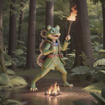 Image For Post Anime, bravery, alligator, fire, shield, forest, HD, 4K, AI Generated Art