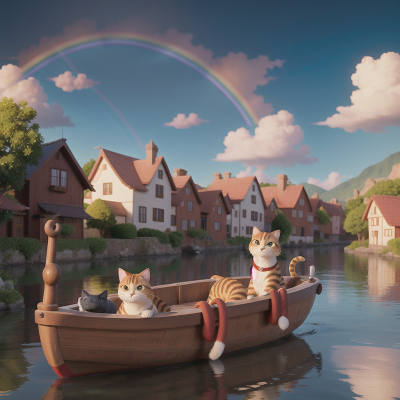Image For Post Anime, boat, cat, rainbow, village, dragon, HD, 4K, AI Generated Art
