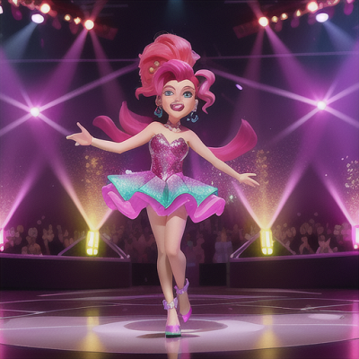 Image For Post Anime Art, Rising pop star, dynamic magenta hair and sparkly eyes, performing on a glittering stage