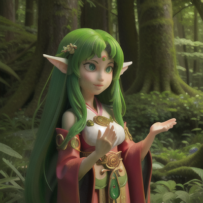 Image For Post Anime Art, Enigmatic spirit guardian, long emerald hair with glowing tips, in a lush and ancient forest