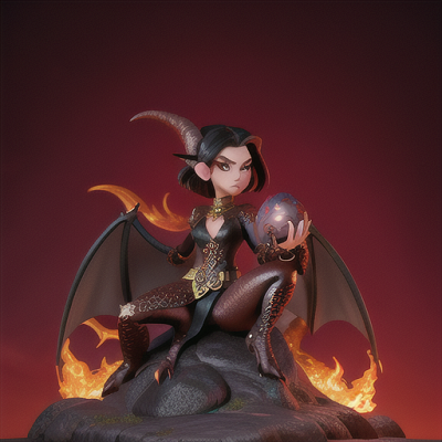Image For Post Anime Art, Fierce dragon-tamer, dark black hair adorned with dragon scale pins, perched on the edge of a volcano