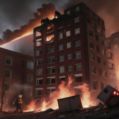 Image For Post Anime Art, Courageous firefighter, brown hair and soot-covered face, blazing inferno consuming a city block