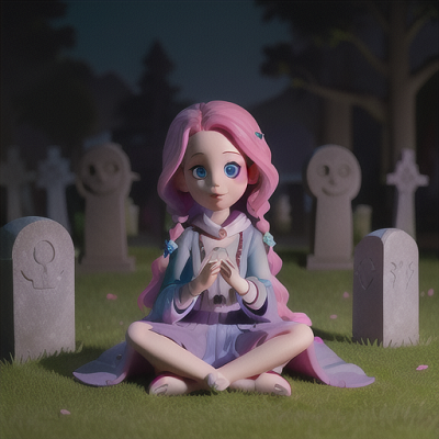 Image For Post Anime Art, Sociable ghost whisperer, candy pink hair and expressive blue eyes, in a serene graveyard at twilight